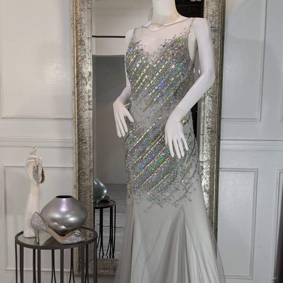 Silver Sequins Formal Evening Prom Dress Gown - Picture 1 of 3